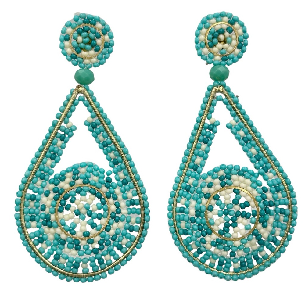 Aqua Blue & White Chunky Seed Bead Teardrop Post Drop Dangle Earrings